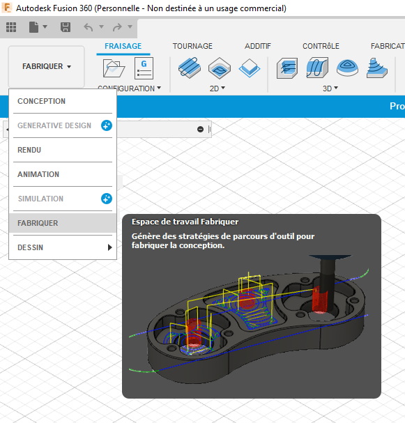 Interface de fusion 360, logiciel utilisé pour apprendre la FAO